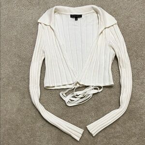 Cream Ribbed Wrap cropped Sweater